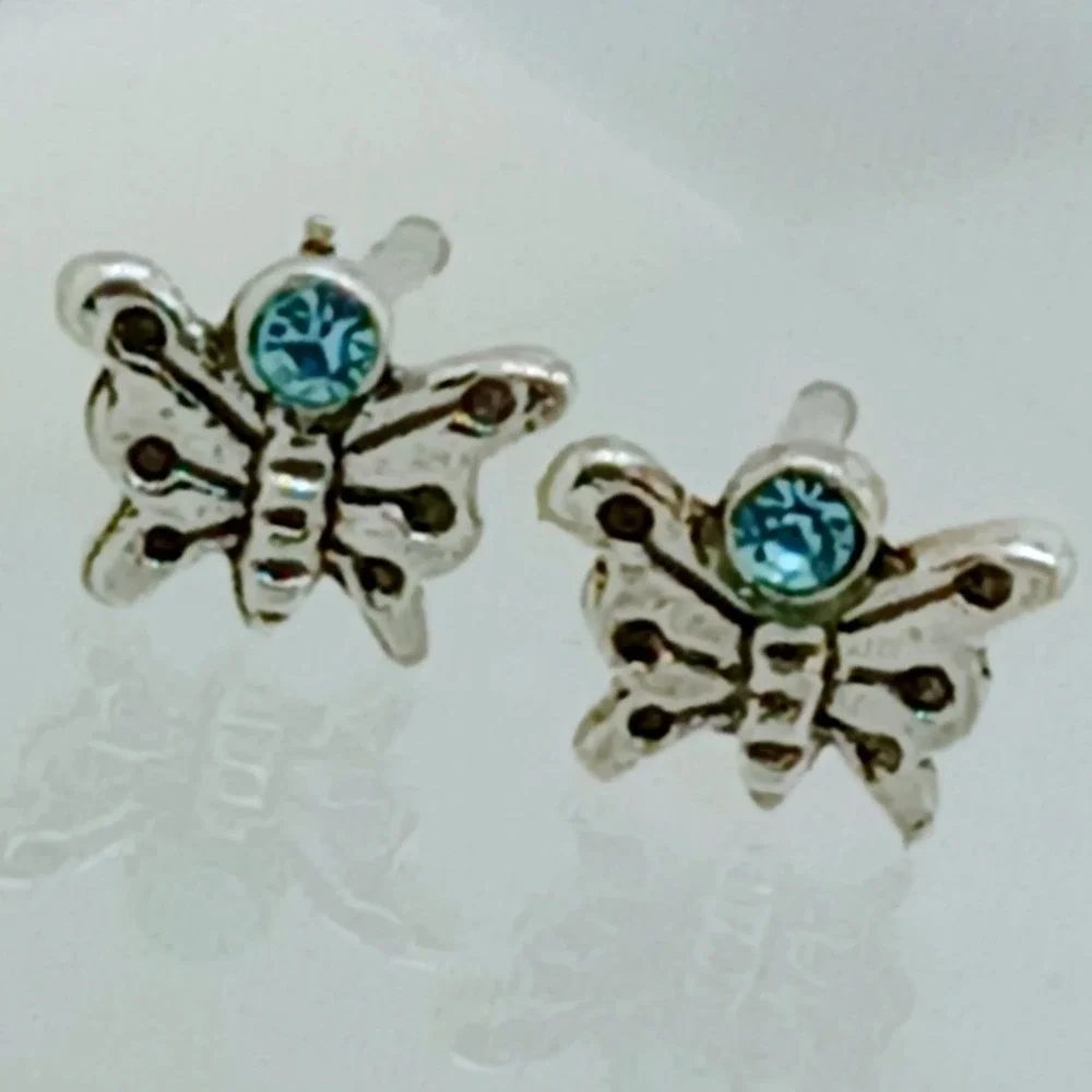 Vintage 1990s Blue Crystal Butterfly Stud Earrings 925 Sterling Silver Jewelry